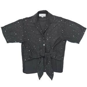 Vintage Trevor Goss Black Oversized Silver Polka Dot Tie Front High Low Shirt
